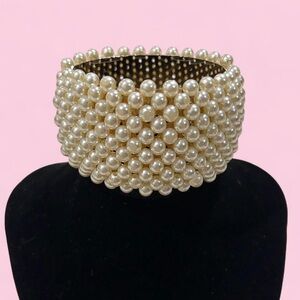 Vtg Oversized Faux Pearl Hinged Cuff Bracelet